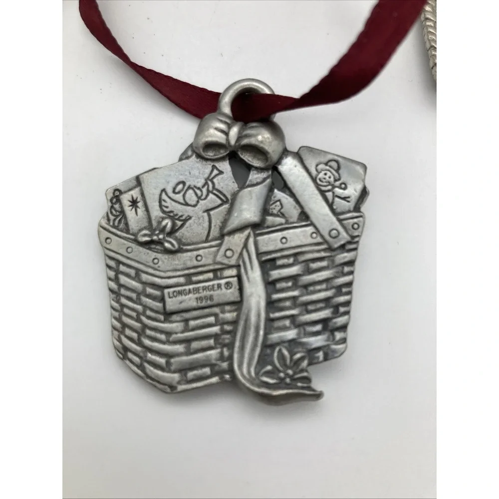 Vintage Set Of 4 Longaberger Pewter Christmas Ornaments 1989-1996 Maroon Ribbon